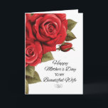 Wife Mothers Day Love and Red Roses Card<br><div class="desc">Radiating with affection, our Mother's Day card is a heartfelt tribute to the extraordinary mothers in our lives. Delicately crafted with love, it features a cascade of red roses on the front, symbolising the beauty and grace of motherhood. Express your deep appreciation for the remarkable wife and mother she is...</div>