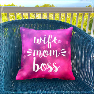 Wife Mum Boss Babe Bold Script Typography Hot Pink Cushion