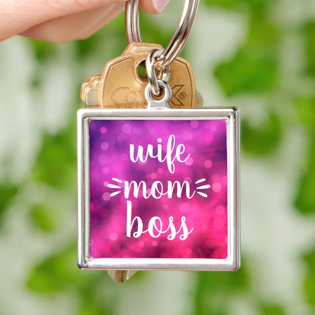 Wife Mum Boss Babe Script Typography on Hot Pink Key Ring (Creator Uploaded)