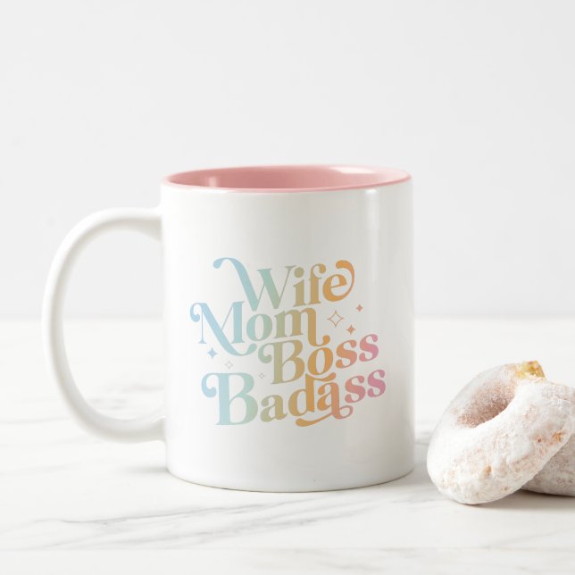 Wife Mum Boss Badass Funny Sarcastic Mother's Day Two-Tone Coffee Mug (With Donut)