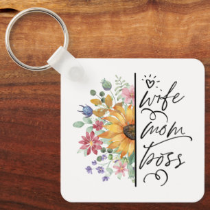 Wife Mum Boss Badass Funny Sunflower  Mother's Day Key Ring