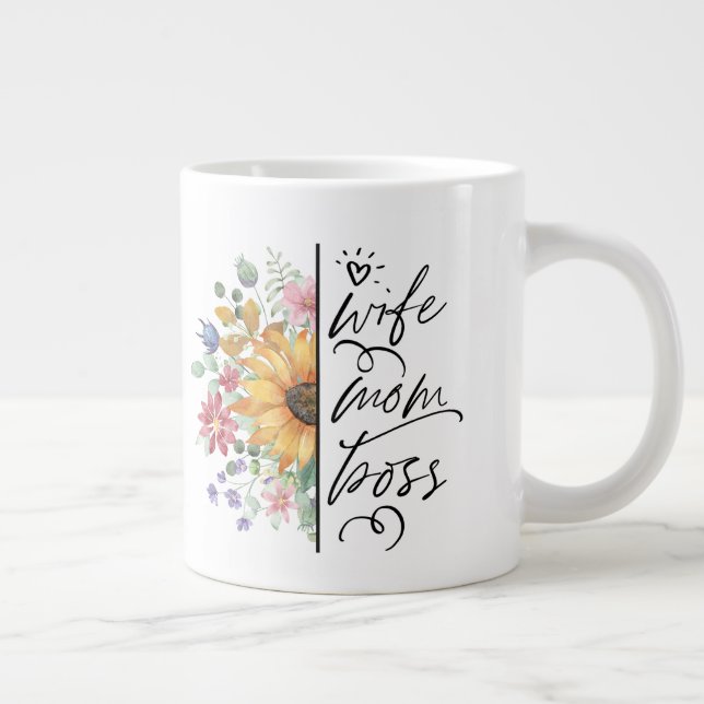 Wife Mum Boss Badass Funny Sunflower  Mother's Day Large Coffee Mug (Right)