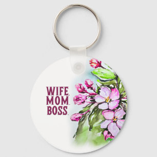 Wife Mum Boss, Pink Flowers Key Ring