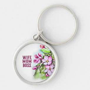 Wife Mum Boss, Pink Flowers Key Ring