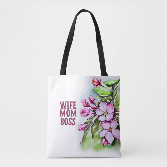 Wife Mum Boss, Pink Flowers Tote Bag (Front)