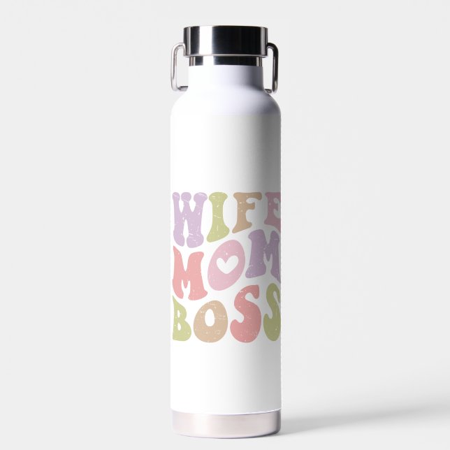 Wife Mum Boss Retro Script Groovy Mother's day  Water Bottle (Front)