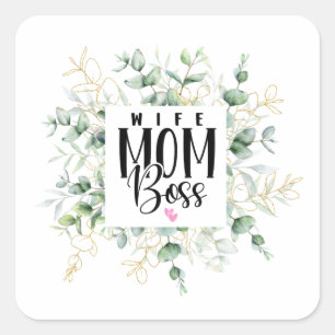 Wife mum boss water colour leaves mother’s day square sticker
