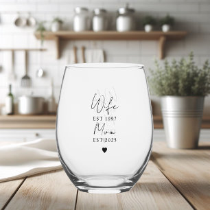 Wife Mum EST 2025   New Mum Gift Stemless Wine Glass
