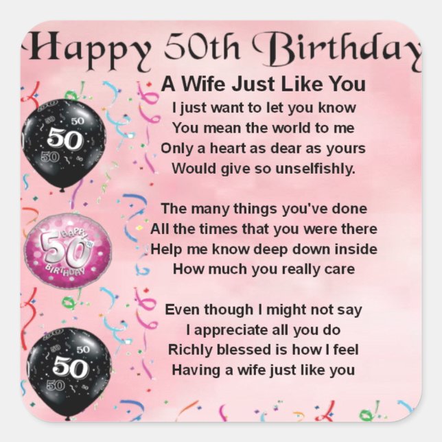 Wife Poem - 50th Birthday Square Sticker (Front)