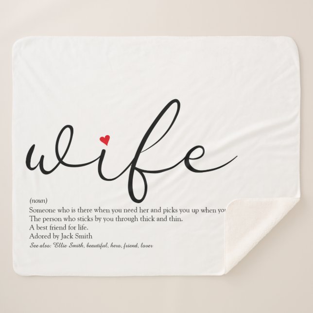 Wife Red Love Heart Elegant Script Personalised Sherpa Blanket (Front (Horizontal))