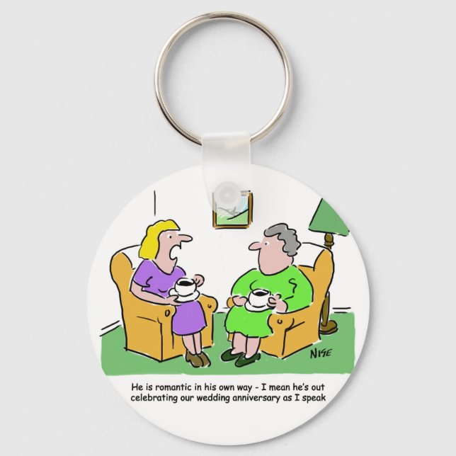Wife with Friend Discussing Husband. Funny Cartoon Key Ring (Front)