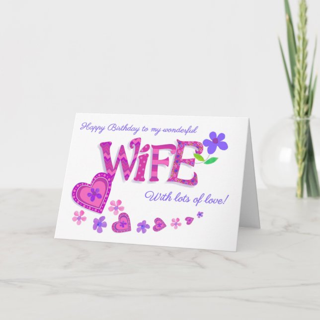 Wife's Birthday Word Art with Romantic Hearts Card (Front)