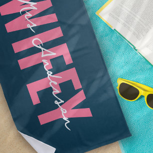 Wifey Blue Pink Monogram Script Beach Towel