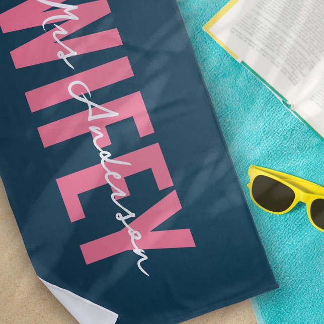 Wifey Blue Pink Monogram Script Beach Towel (Creator Uploaded)