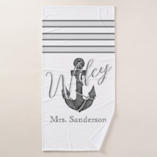 Wifey Bride Nautical Silver Grey  Anchor  Bath Towel