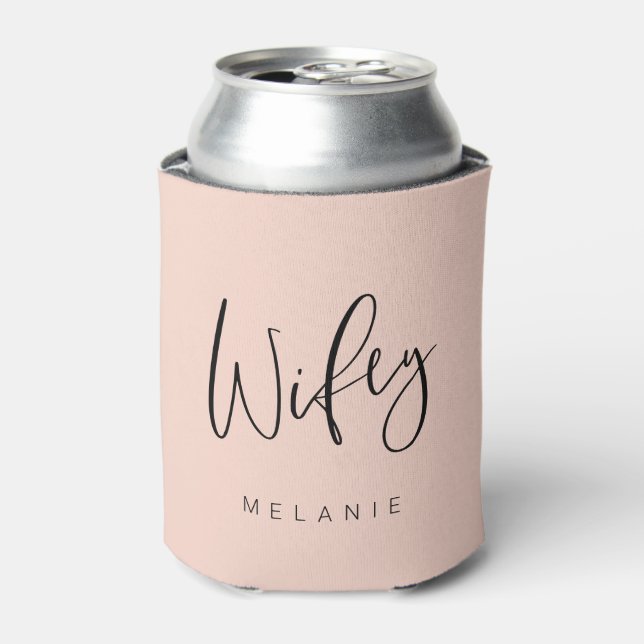 Wifey Calligraphy Blush Pink Name & Monogram Can Cooler (Can Front)