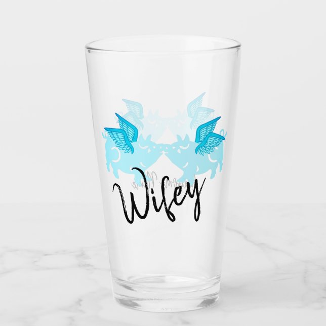 Wifey Cute Flying Pigs with Wings Teal Blue black Glass (Front)