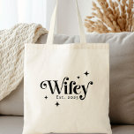 Wifey Est year any colour elegant retro font Tote Bag<br><div class="desc">Tote bag with the text "wifey" in an elegant retro display font,  along with retro stars and the name or year below.</div>