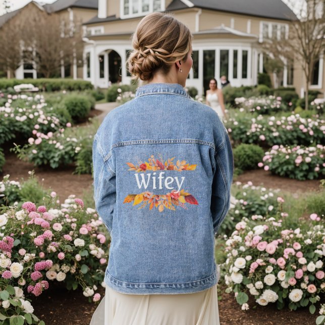 Wifey Fall Bridal shower Leaves Weddings Autumn Denim Jacket (Wedding Back)
