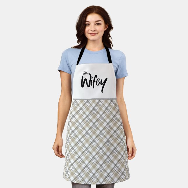 Wifey Funny Bride Typography Neutral Plaid Apron (Worn)