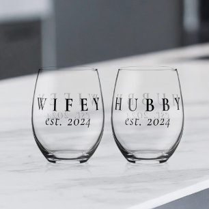 Wifey Hubby Newlywed Stemless Wine Glass