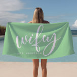 Wifey Mint Green And White Newlywed Bride Beach Towel<br><div class="desc">Show off your newlywed status with this chic "Wifey" beach towel in mint green and white, perfect for honeymoons, beach days, or poolside relaxation. Designed with brides and newlyweds in mind, this towel can be personalised with a last name, making it a unique gift or accessory. Whether by the beach...</div>