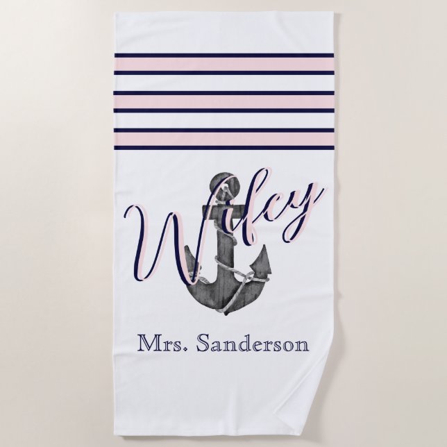 Wifey Nautical Monogram Pink Navy Blue Anchor Beach Towel (Front)