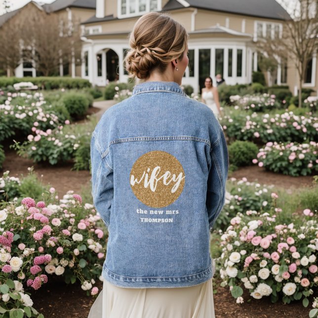 Wifey New Mrs Name Gold Glitter Bride Denim Jacket (Wedding Back)