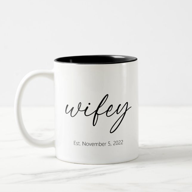 Wifey Newlywed Wedding Gift w/ Established Date Two-Tone Coffee Mug (Left)