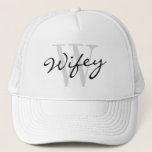 WIFEY trucker hat for wedding bride<br><div class="desc">WIFEY trucker hat for wedding bride. Funny honeymoon gift idea for newlywed wife. Custom monogram design with stylish script typography. Classy black and white logo cap. Marriage accessories for wedding party,  bridal shower,  bachelorette,  girls weekend,  honeymoon etc.</div>