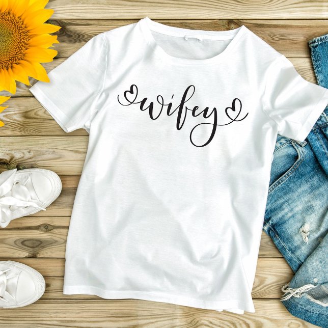 Wifey White Modern Black Script Hearts Womens  T-Shirt (Creator Uploaded)