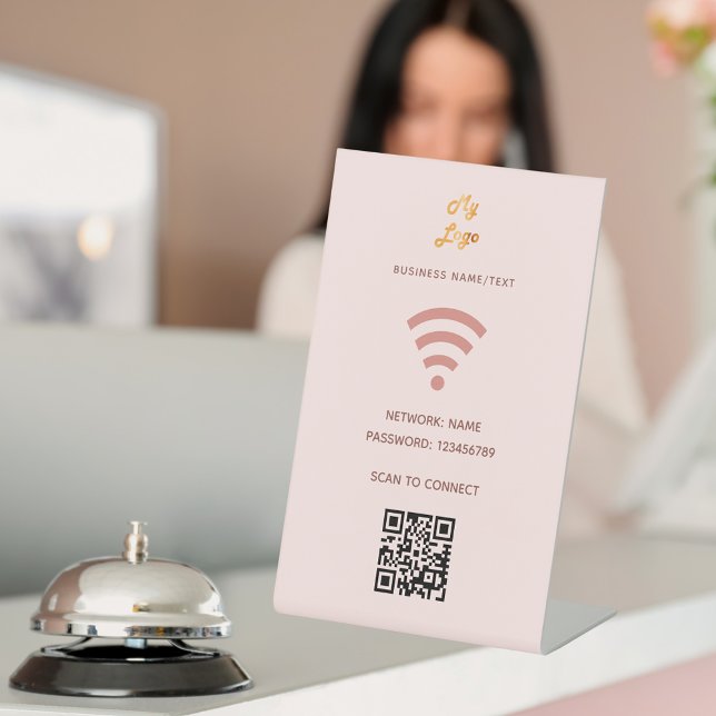 Wifi business logo qr code scan to connect blush pedestal sign (Creator Uploaded)