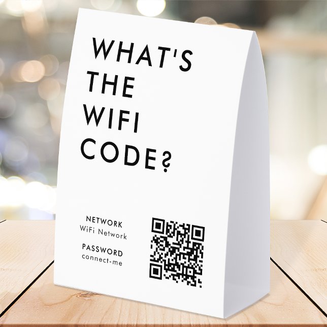 WiFi Code Table Tent | Network QR Tabletop Sign (What's the WiFi Code? paper table tent signs with QR code to connect seamlessly to your Wi-Fi)