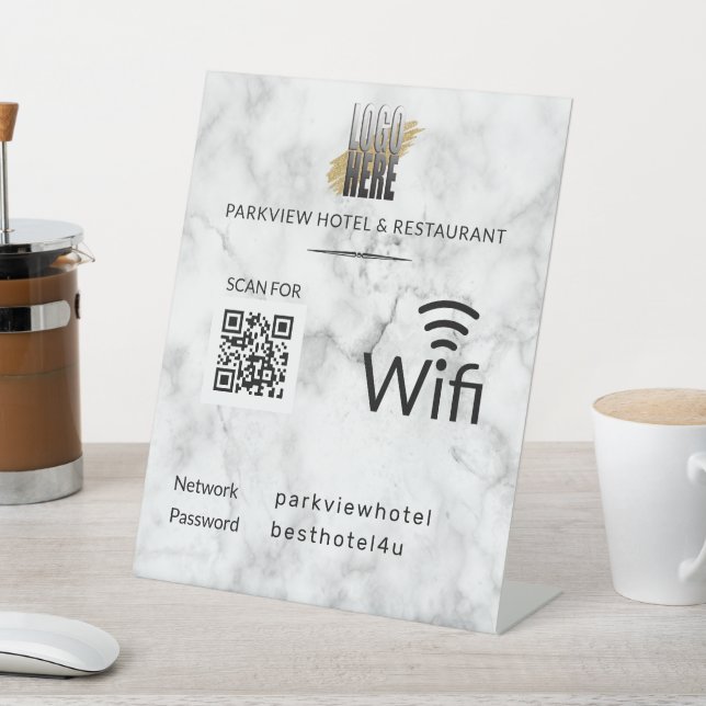 Wifi Network Password QR Code Logo Marble Pedestal Sign (In SItu)