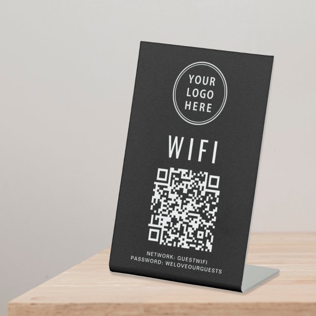 Wifi QR Code Business Logo Scan To Connect Black Pedestal Sign (Creator Uploaded)