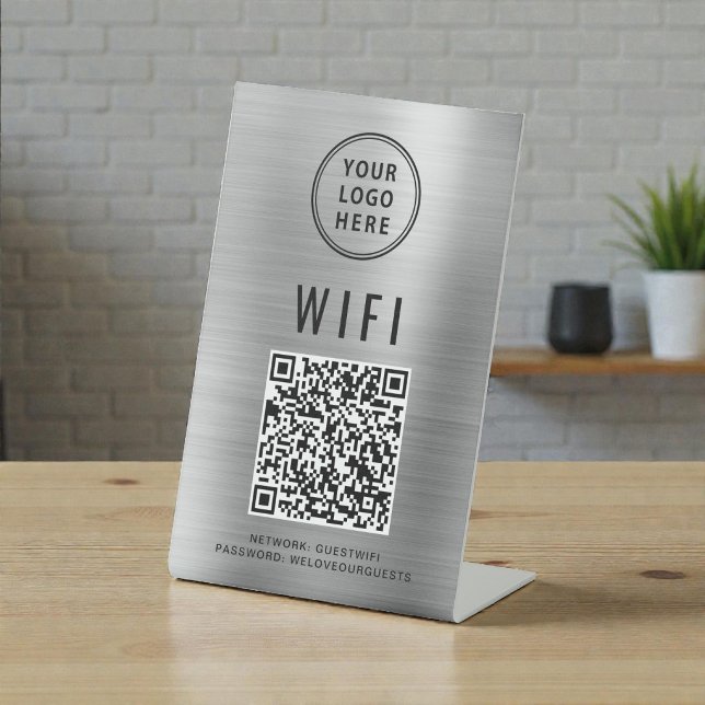 Wifi QR Code Business Logo Scan To Connect Silver Pedestal Sign (Wifi QR Code Business Logo Scan To Connect Silver Pedestal Sign)
