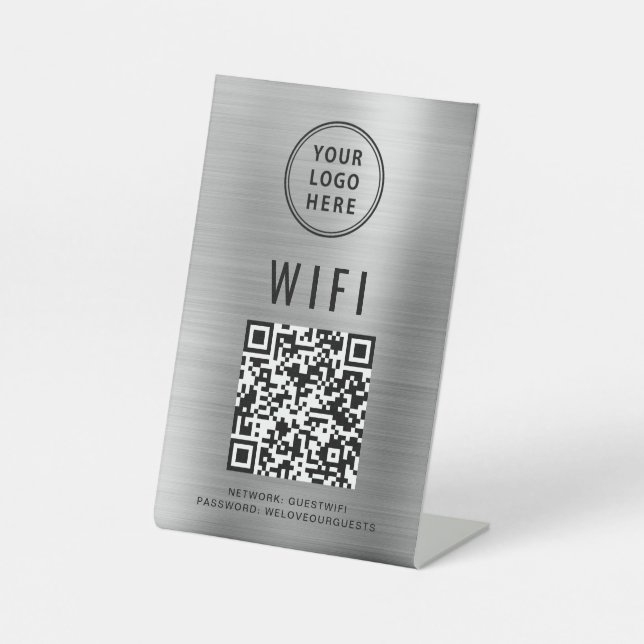 Wifi QR Code Business Logo Scan To Connect Silver Pedestal Sign (Front)