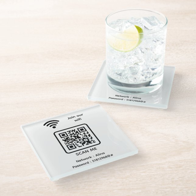 WiFi QR Code Scan Me Join Our Hotel Wifi Password Glass Coaster (Angled)