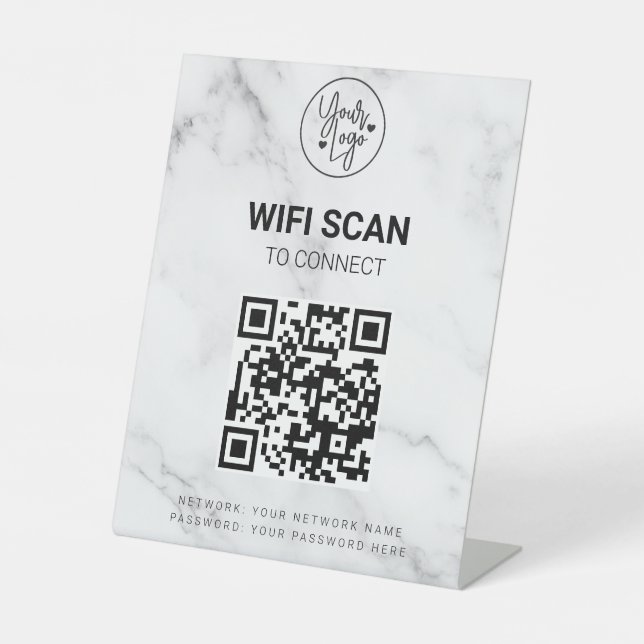 Wifi Scan to Connect QR Code Business Logo Marble Pedestal Sign (Front)