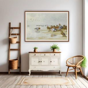 Wigeon and Teal by the water's edge, Art  Poster