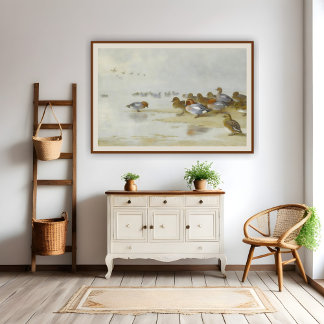 Wigeon and Teal by the water's edge, Art Poster