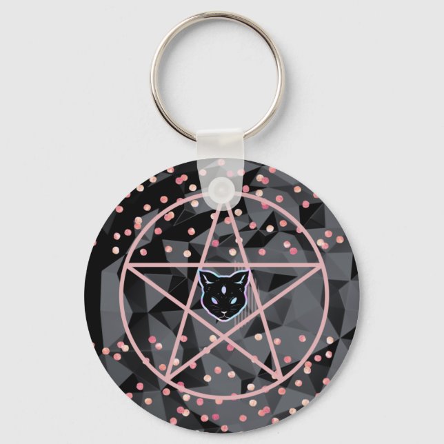 WiizyWitch Magic Witch Cosmic Cat Pentacle Magick Key Ring (Front)