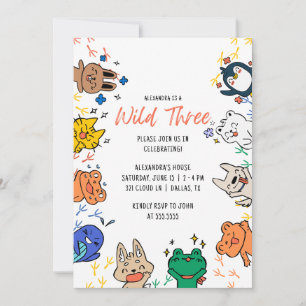 Wild 3 Cute Animals 1st Birthday Kids Invitation