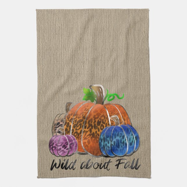 Wild About Fall Leopard Print Pumpkins Tea Towel (Vertical)