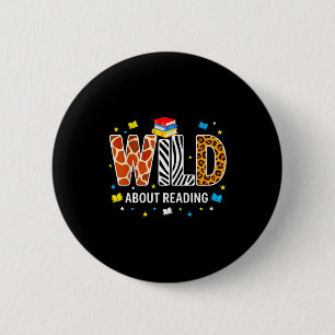Wild about reading animal print letters funny 6 cm round badge