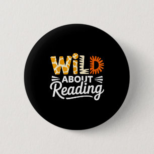Wild about reading animal print letters funny 6 cm round badge