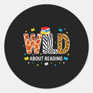 Wild about reading animal print letters funny classic round sticker