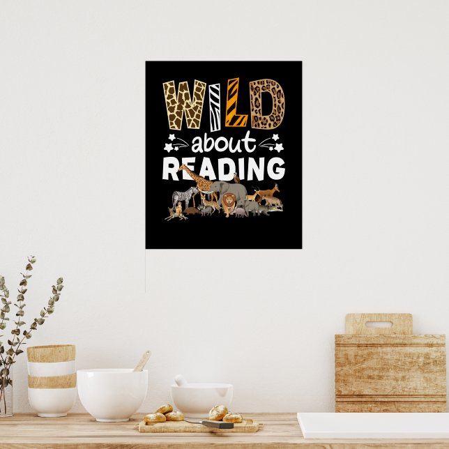Wild About Reading Books And Bookworm Library Poster (Kitchen)