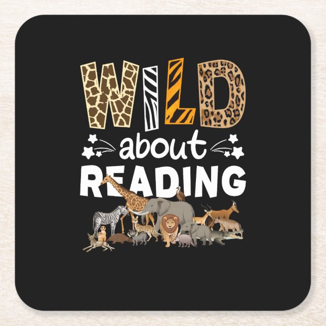 Wild About Reading Books And Bookworm Library Square Paper Coaster (Front)