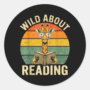 Wild About Reading Giraffe Book Lover Retro Classic Round Sticker